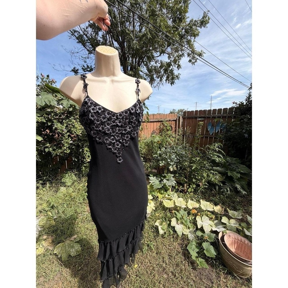 Vintage CACHE Flower Beaded Silk Black Dress